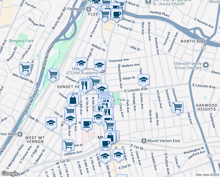 map of restaurants, bars, coffee shops, grocery stores, and more near 323 Gramatan Avenue in Mount Vernon