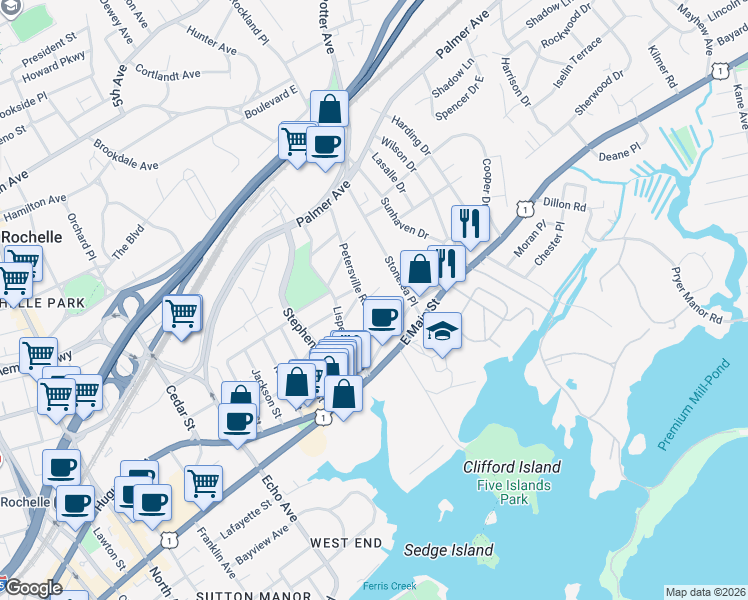map of restaurants, bars, coffee shops, grocery stores, and more near 55 Petersville Road in New Rochelle