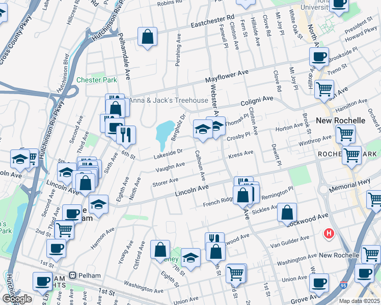 map of restaurants, bars, coffee shops, grocery stores, and more near 110 Calhoun Avenue in New Rochelle