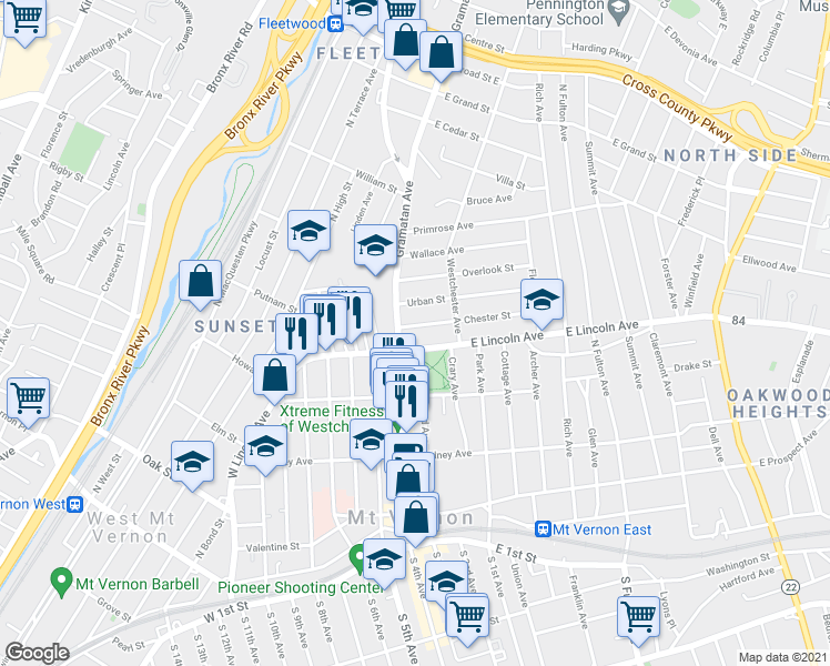map of restaurants, bars, coffee shops, grocery stores, and more near 323 Gramatan Avenue in Mount Vernon