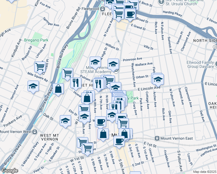 map of restaurants, bars, coffee shops, grocery stores, and more near 44 Hartley Avenue in Mount Vernon