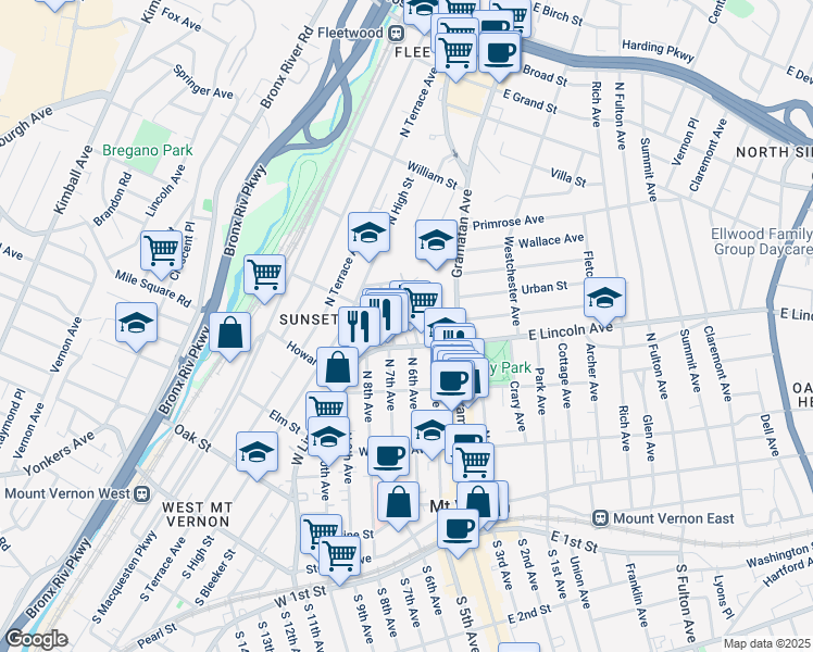 map of restaurants, bars, coffee shops, grocery stores, and more near 44 Hartley Avenue in Mount Vernon