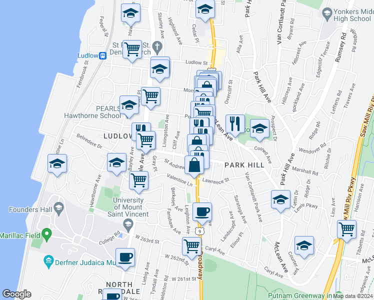 map of restaurants, bars, coffee shops, grocery stores, and more near in Yonkers
