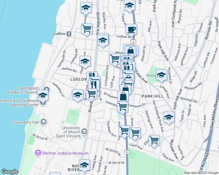 map of restaurants, bars, coffee shops, grocery stores, and more near 49 Cliff Avenue in Yonkers