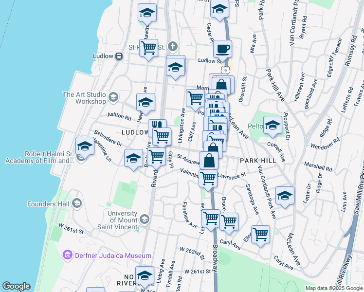 map of restaurants, bars, coffee shops, grocery stores, and more near 49 Cliff Avenue in Yonkers
