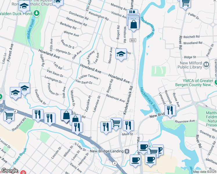 map of restaurants, bars, coffee shops, grocery stores, and more near 12 Gainesborough Terrace in River Edge