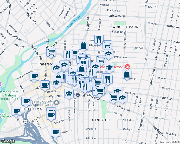 map of restaurants, bars, coffee shops, grocery stores, and more near 238 West Broadway in Paterson