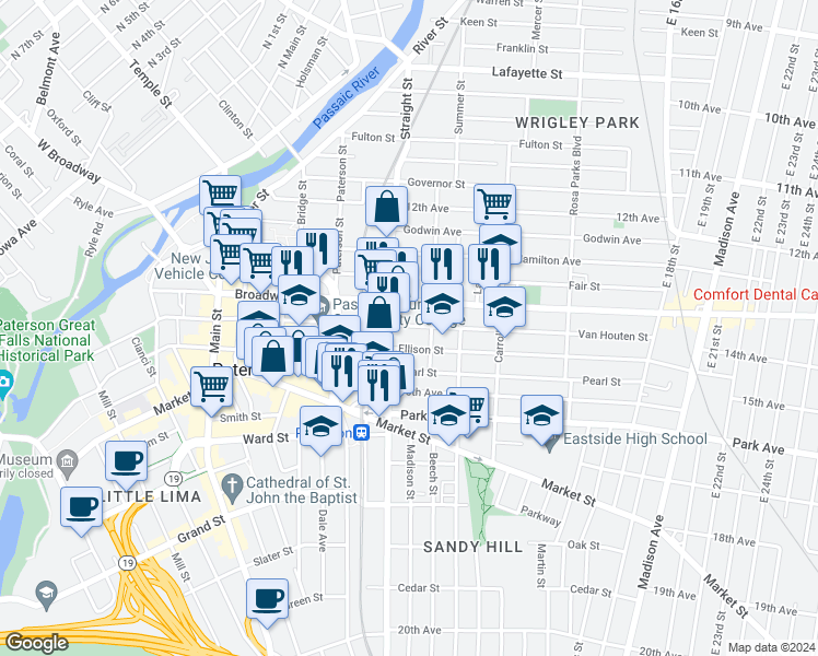 map of restaurants, bars, coffee shops, grocery stores, and more near 220 Broadway in Paterson