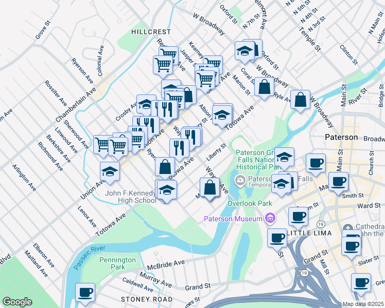 map of restaurants, bars, coffee shops, grocery stores, and more near 113 Wayne Avenue in Paterson