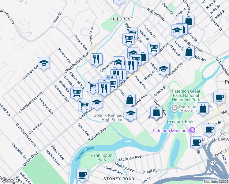 map of restaurants, bars, coffee shops, grocery stores, and more near 289 Union Avenue in Paterson