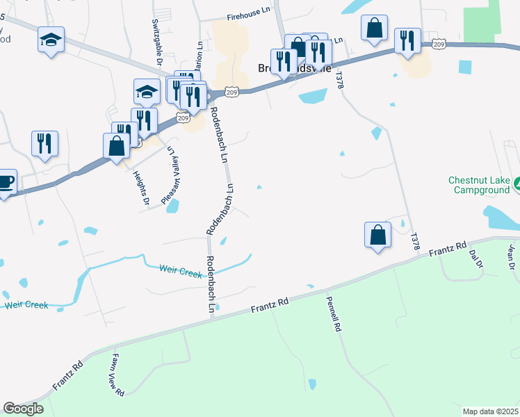 map of restaurants, bars, coffee shops, grocery stores, and more near 117 Throne's Way in Brodheadsville