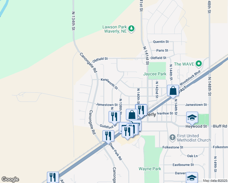 map of restaurants, bars, coffee shops, grocery stores, and more near 10820 North 137th Street in Waverly