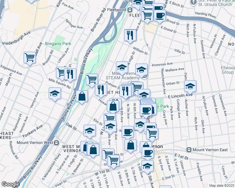 map of restaurants, bars, coffee shops, grocery stores, and more near in Mount Vernon