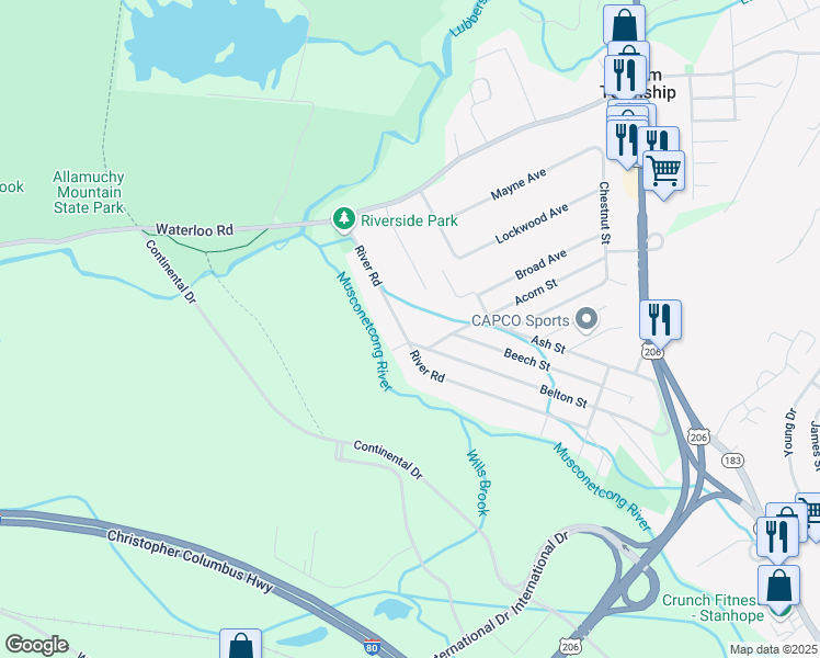 map of restaurants, bars, coffee shops, grocery stores, and more near 27 River Road in Stanhope