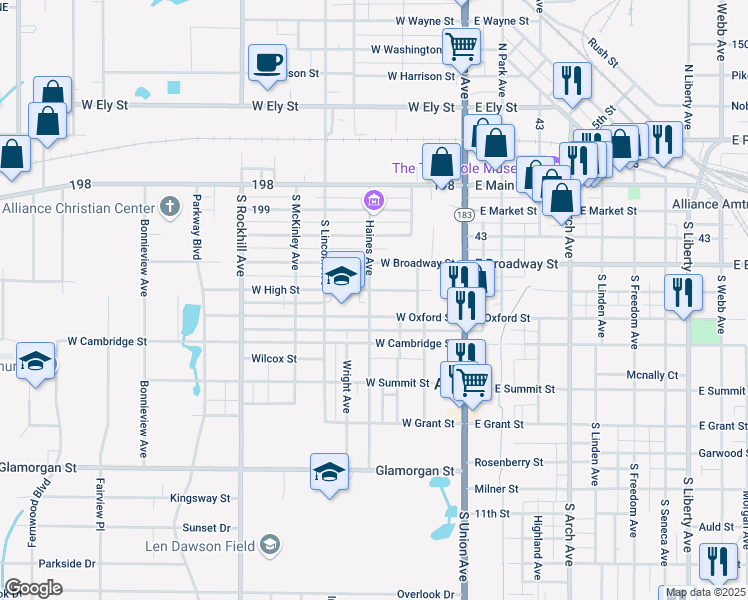 map of restaurants, bars, coffee shops, grocery stores, and more near 420 Haines Avenue in Alliance