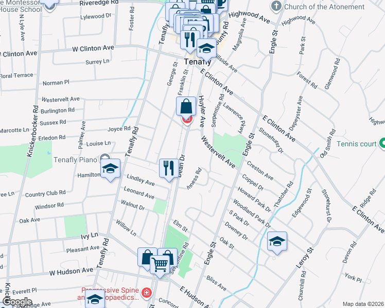 map of restaurants, bars, coffee shops, grocery stores, and more near 88 Dean Drive in Tenafly