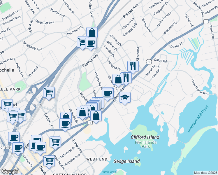 map of restaurants, bars, coffee shops, grocery stores, and more near 22 Stonelea Place in New Rochelle