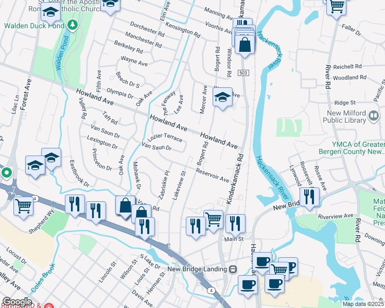 map of restaurants, bars, coffee shops, grocery stores, and more near 12 Gainesborough Terrace in River Edge