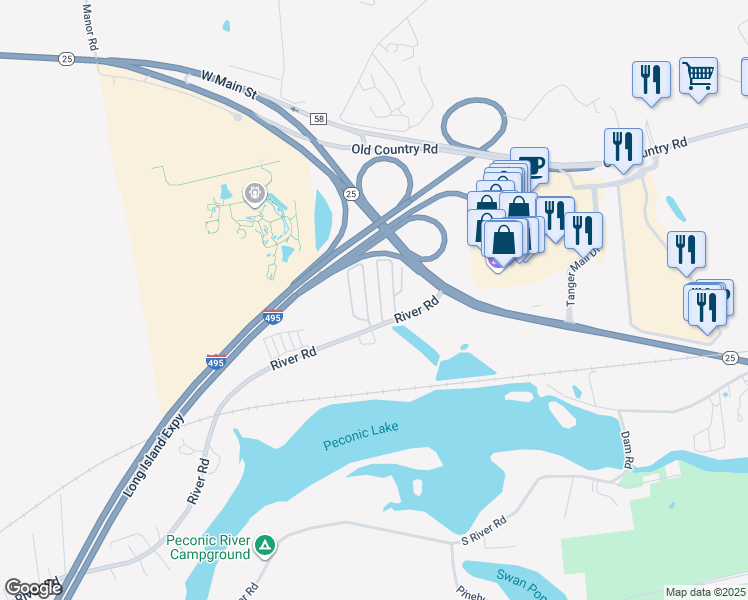 map of restaurants, bars, coffee shops, grocery stores, and more near 1964 River Road in Calverton