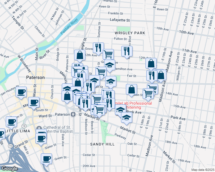 map of restaurants, bars, coffee shops, grocery stores, and more near 308 Broadway in Paterson