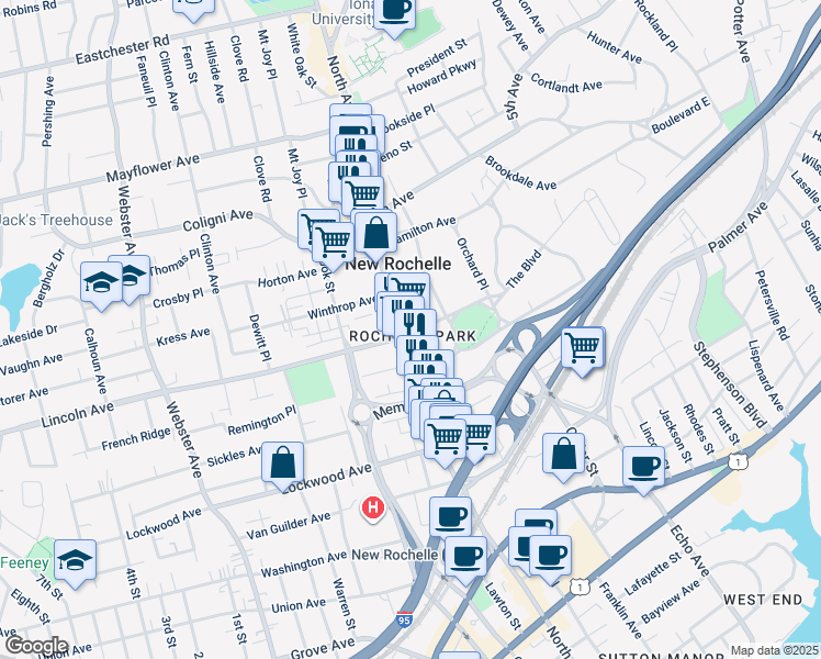 map of restaurants, bars, coffee shops, grocery stores, and more near 476 Main Street in New Rochelle
