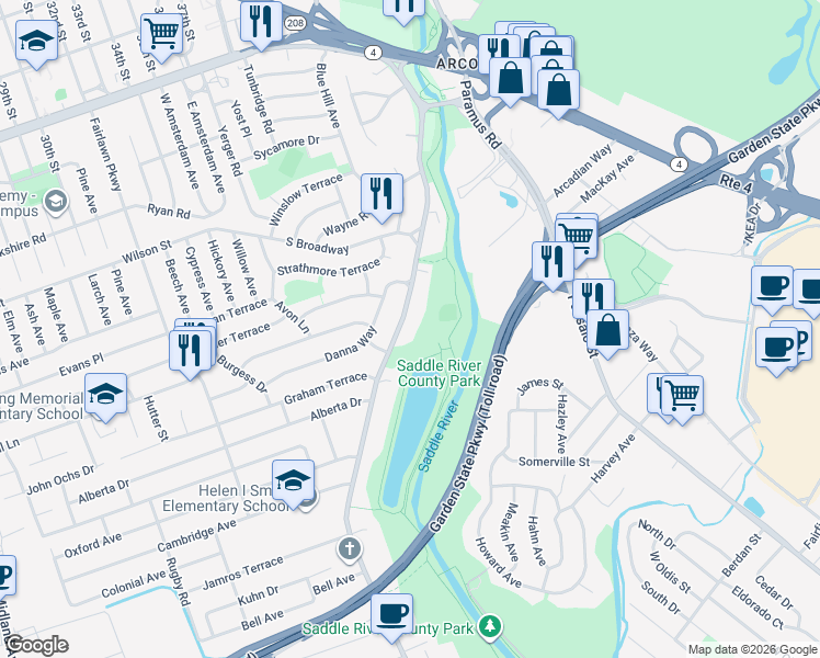 map of restaurants, bars, coffee shops, grocery stores, and more near 816 Saddle River in Saddle Brook