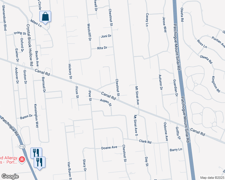 map of restaurants, bars, coffee shops, grocery stores, and more near 531 Canal Road in Mount Sinai