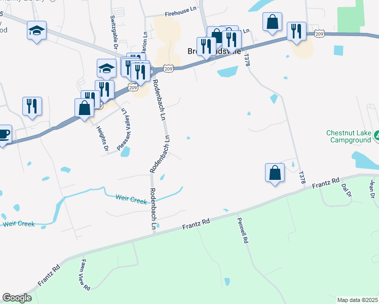 map of restaurants, bars, coffee shops, grocery stores, and more near 117 Throne's Way in Brodheadsville