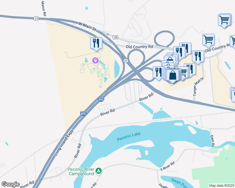 map of restaurants, bars, coffee shops, grocery stores, and more near 1964 River Road in Calverton