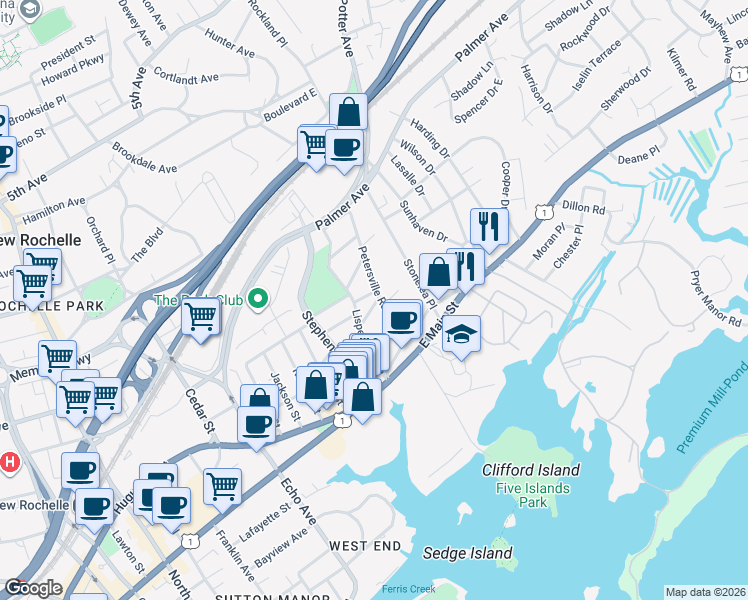 map of restaurants, bars, coffee shops, grocery stores, and more near 55 Petersville Road in New Rochelle
