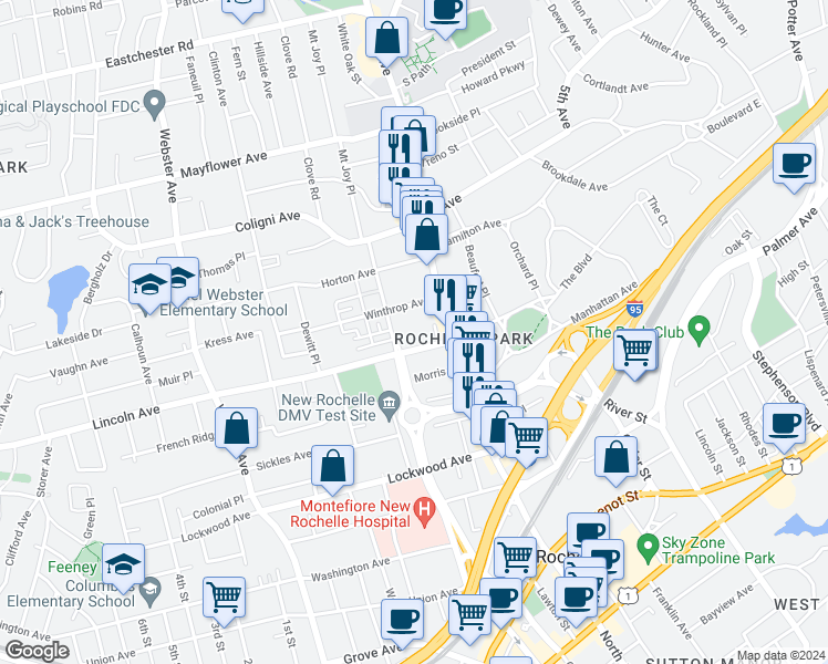 map of restaurants, bars, coffee shops, grocery stores, and more near 30 Winthrop Avenue in New Rochelle