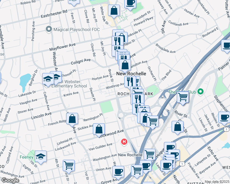 map of restaurants, bars, coffee shops, grocery stores, and more near 30 Winthrop Avenue in New Rochelle