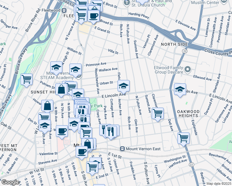 map of restaurants, bars, coffee shops, grocery stores, and more near 146 Chester Street in Mount Vernon