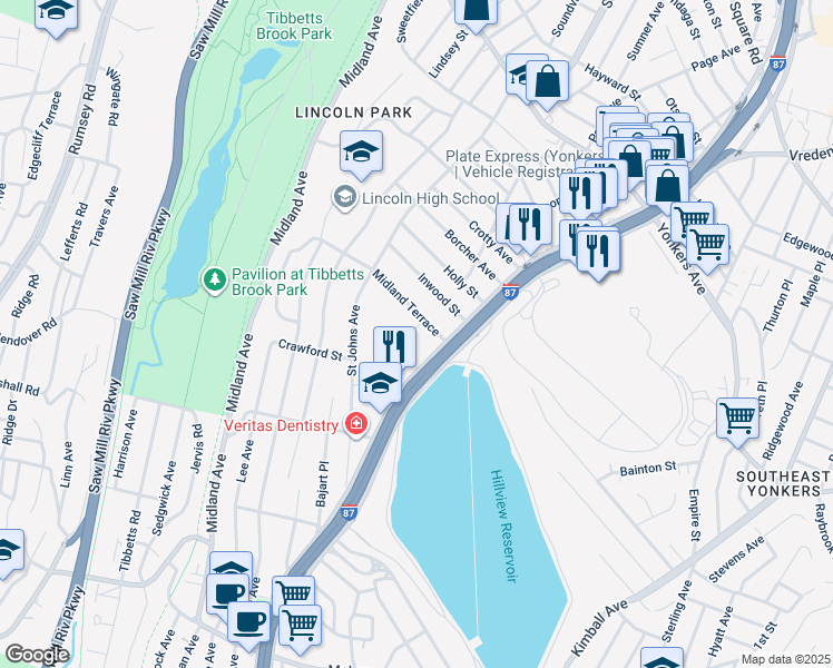 map of restaurants, bars, coffee shops, grocery stores, and more near 29 Hilltop Acres in Yonkers