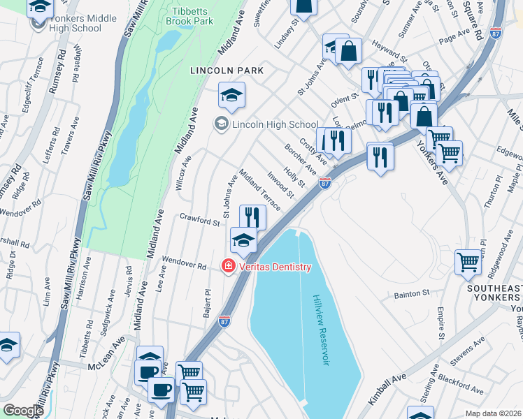 map of restaurants, bars, coffee shops, grocery stores, and more near 29 Hilltop Acres in Yonkers