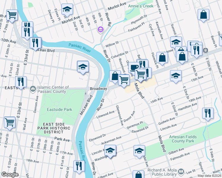 map of restaurants, bars, coffee shops, grocery stores, and more near 1 Broadway in Elmwood Park