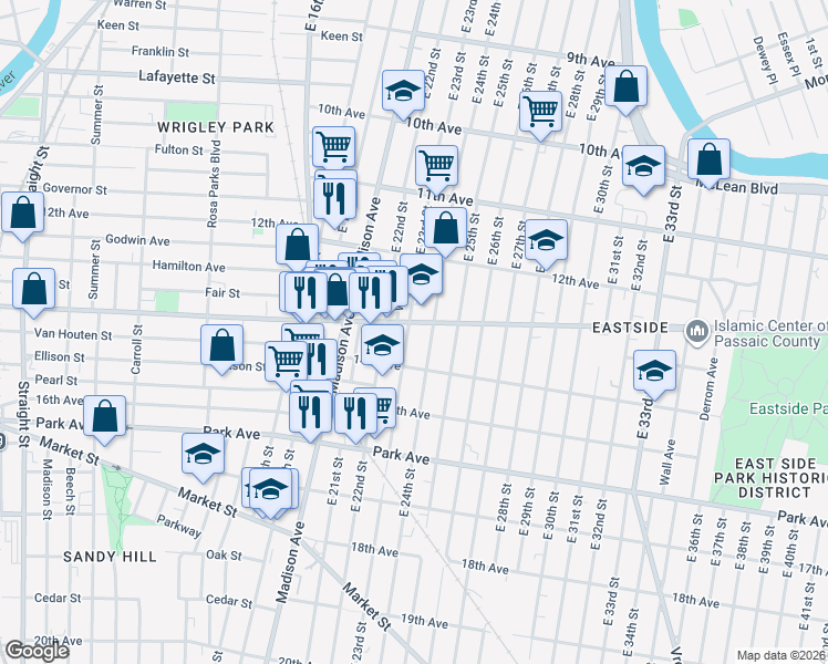 map of restaurants, bars, coffee shops, grocery stores, and more near 534 Doctor Martin Luther King Junior Way in Paterson