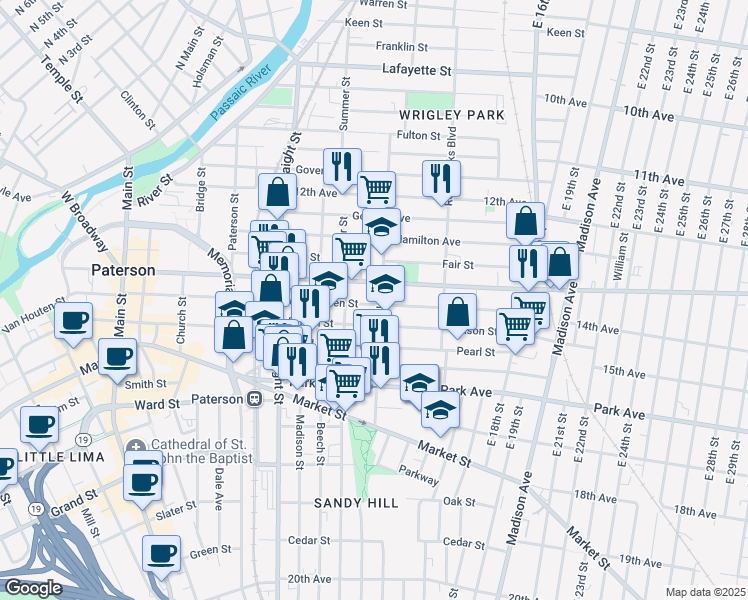 map of restaurants, bars, coffee shops, grocery stores, and more near 308 Broadway in Paterson