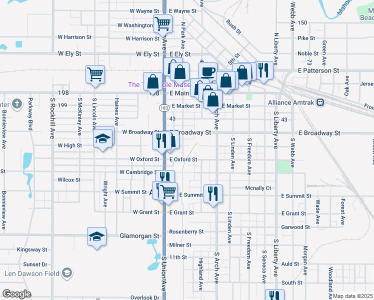 map of restaurants, bars, coffee shops, grocery stores, and more near 140 East High Street in Alliance