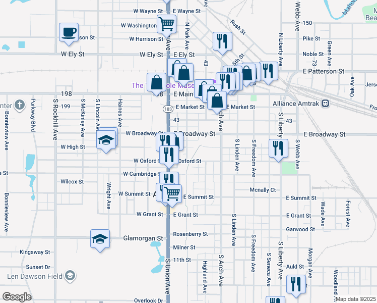 map of restaurants, bars, coffee shops, grocery stores, and more near 140 East High Street in Alliance