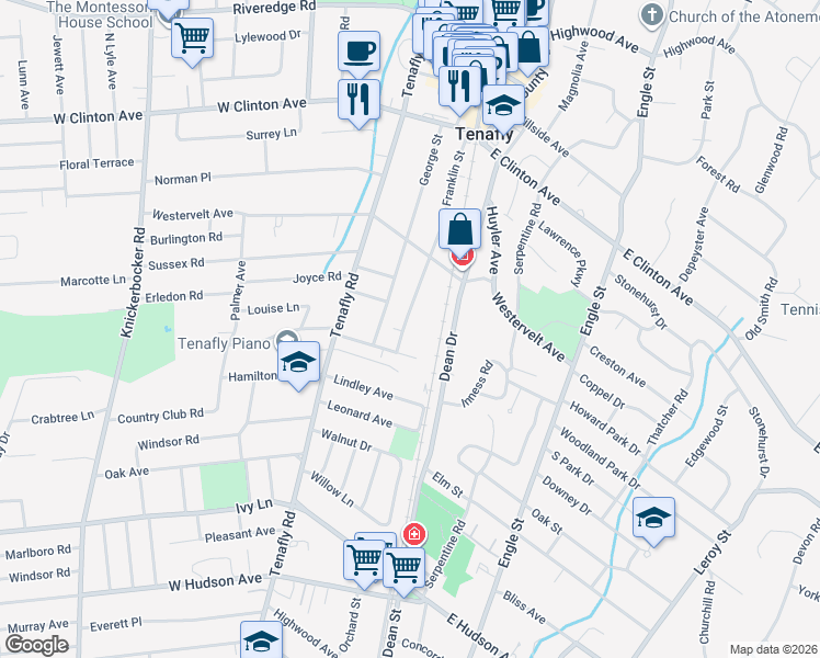 map of restaurants, bars, coffee shops, grocery stores, and more near 91 Franklin Street in Tenafly