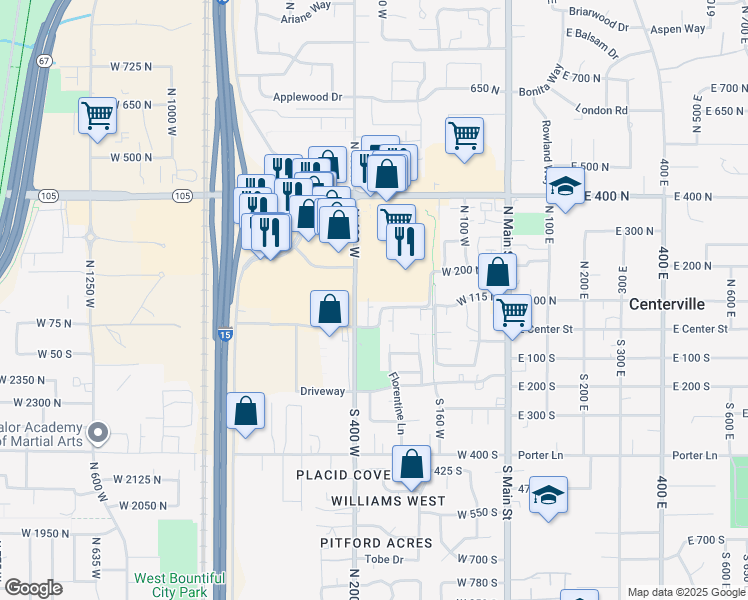 map of restaurants, bars, coffee shops, grocery stores, and more near 147 North 360 West in Centerville