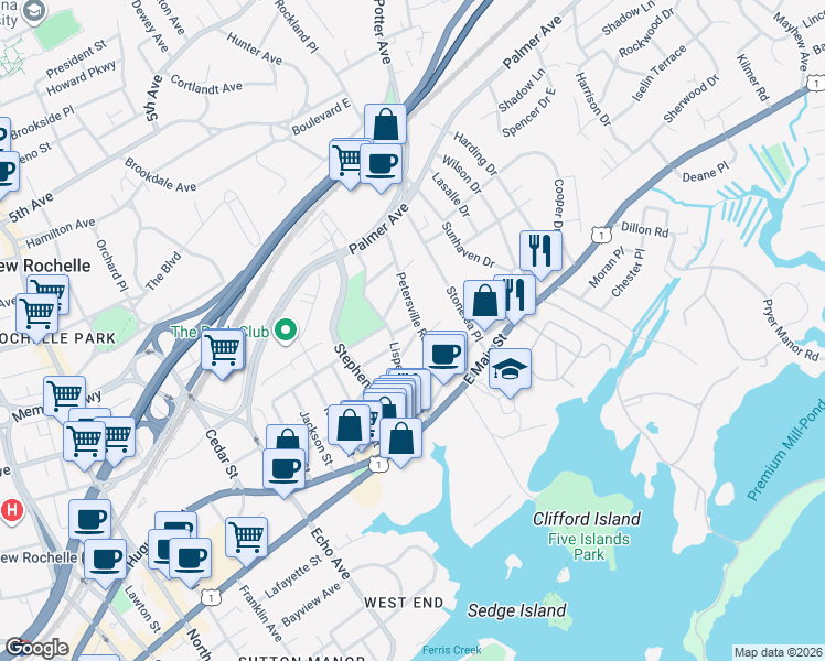 map of restaurants, bars, coffee shops, grocery stores, and more near 55 Petersville Road in New Rochelle