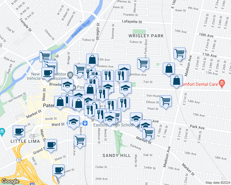 map of restaurants, bars, coffee shops, grocery stores, and more near 301 Van Houten Street in Paterson