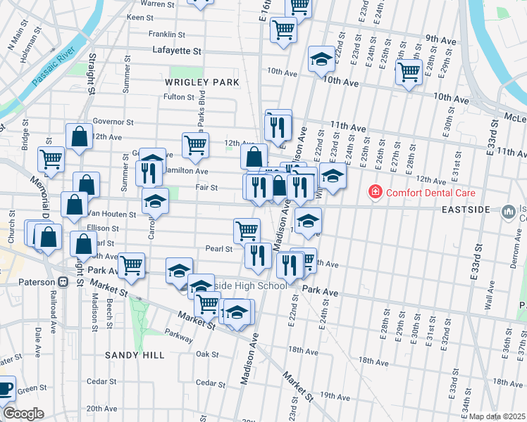 map of restaurants, bars, coffee shops, grocery stores, and more near 444 Broadway in Paterson