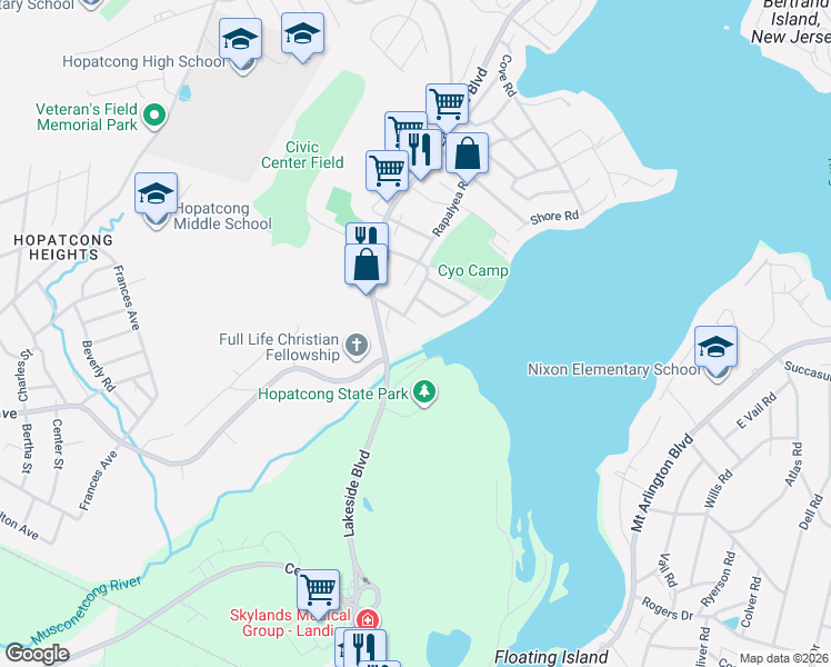 map of restaurants, bars, coffee shops, grocery stores, and more near 1 Lakeside Boulevard in Hopatcong