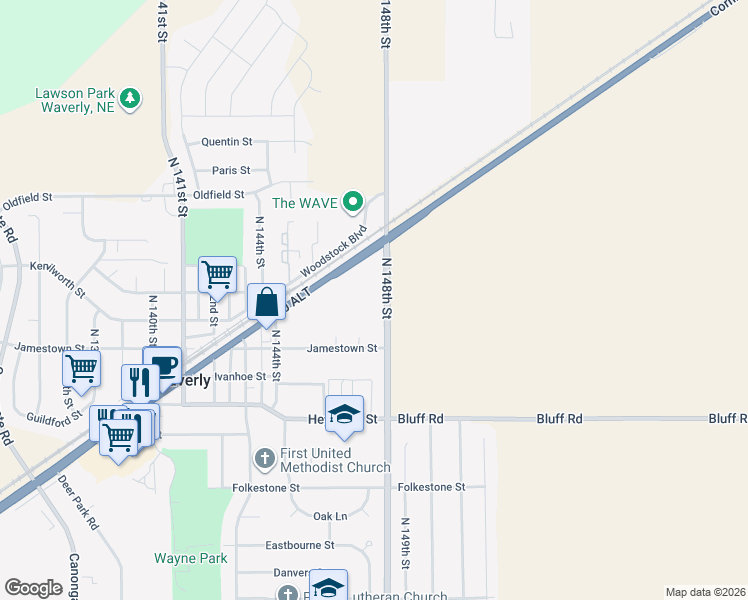 map of restaurants, bars, coffee shops, grocery stores, and more near 10851 North 148th Street in Waverly