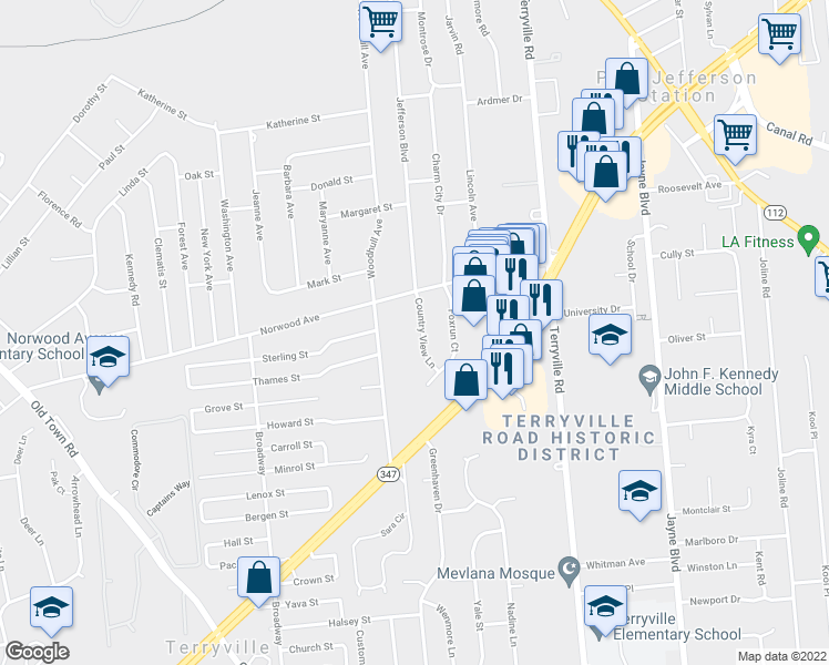 map of restaurants, bars, coffee shops, grocery stores, and more near 6 Country View Lane in Port Jefferson Station