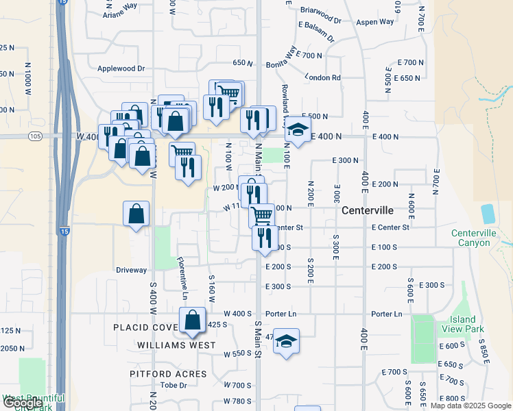 map of restaurants, bars, coffee shops, grocery stores, and more near 147 North Main Street in Centerville