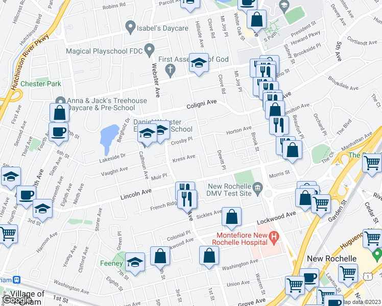 map of restaurants, bars, coffee shops, grocery stores, and more near 56 Clinton Avenue in New Rochelle